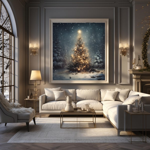 Snowy Tree, Holiday Home Décor: Rustic Winter Christmas Tree, Vintage Christmas Wall Art, Snowy Vintage Cottagecore , Christmas Decor Print