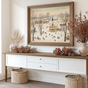 Navidad escandinava, arte de pueblos navideños, decoración del hogar nevada, arte de invierno, impresión digital de decoración navideña, arte mural con pintura al óleo navideña