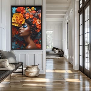 Black Queen Flower Hair Art, White Pink Rose Flower Girl Head Wall Art, Flower Girl Hair Print Art, Black Woman Art, African Art, Love Hair