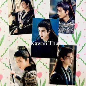 May include: A collection of five photo cards featuring images of a person in various traditional Asian-inspired outfits. The cards are arranged on a patterned background with the text "Kawai Tifa".