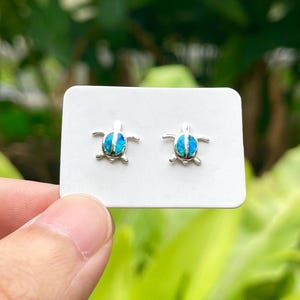 Cute Mini Sea Turtle Stud Earrings, 925 Sterling Silver and Opal Resin Gemstone, Hawaiian Honu Turtle  Womens Dainty Stud Earrings