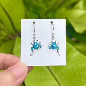 Puede incluir: Un par de pendientes plateados con un diseño de rana azul y turquesa. Los pendientes se muestran sobre un fondo de follaje verde. El diseño de la rana tiene una apariencia detallada y estilizada.