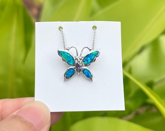 Blue Hawaiian Butterfly Pendant Necklace with Ocean Blue Opal Inlay and Solid 925 Sterling Silver with Chain, Hawaiian Islands Wildlife