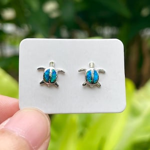 Baby Turtle Blue Opal Stud Earrings 925 Sterling Silver 10mm width, Hawaiian Honu Dainty Island Marine Life Jewelry for Turtle lovers