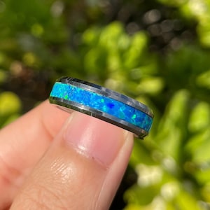 Galaxy Blue Opal Infinity Band Tungsten Ring, Beveled Edge 6mm Unisex Band Ring For Wedding Anniversary or Casual Wear