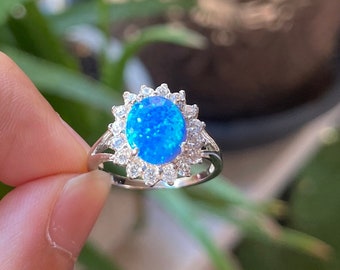 Galaxy Blue Opal 925 Sterling Silver Ring with Wraparound Cubic Zirconia Crystal, Birthstone Anniversary Style Ring for Women