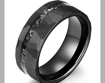 Matte Black Obsidian and Meteorite Hammered Tungsten Men's Wedding Bang Ring, 8mm Band Ring