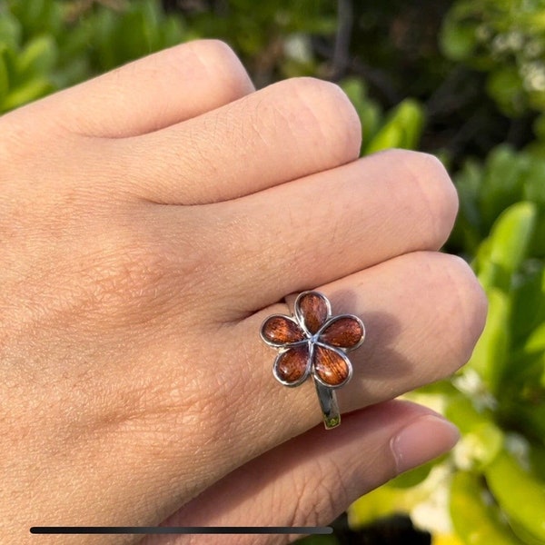 925 Sterling Silver Hawaiian Koa Plumeria Flower Wood Ring, Tarnish Resistant Jewelry Unisex Ring