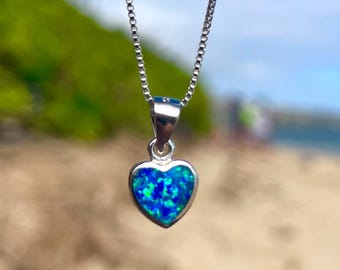 Ocean Blue Opal Heart Pendant Necklace 925 Sterling Silver, Unisex Small Heart Lovers Pendant Valentines and Anniversary Gift