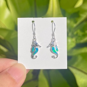 Hawaiian Seahorse Blue Ocean Opal Small Dangling Earring 925 Sterling Silver, Marine Life Island Jewelry Collection for her