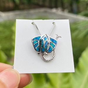 Hawaiian Stingray Manta Ray Necklace Charm Pendant Blue Opal Inlay 925 Sterling Silver with Chain, Marine Sea Life Jewelry Her Gift