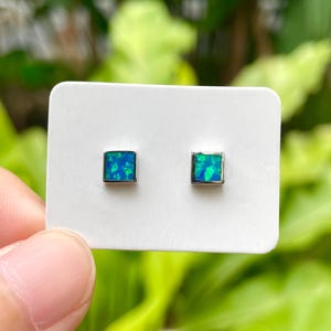 Square Baby Studs Ocean Blue Opal Pushback Earrings 925 Sterling Silver, Small Mini Earrings Unisex Minimalist Jewelry Collection
