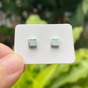 Square Mini White Fire Opal Pushback Stud Earrings 925 Sterling Silver, Small Earrings Unisex Minimalist Jewelry Geometric Collection