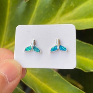 Mini Whale's Tail Sea Stud Earrings with Solid 925 Sterling Silver and Blue Opal Resin Gemstone, Dainty Earrings for Women