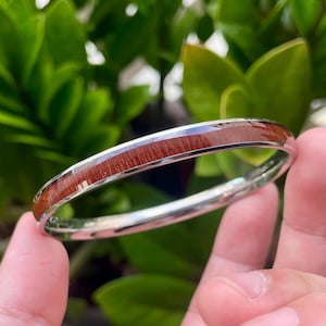 May include: A silver bangle bracelet with a band of reddish-brown wood inlay. The bracelet is held in a hand against a backdrop of green foliage. The wood grain is visible, and the metal has a polished finish.