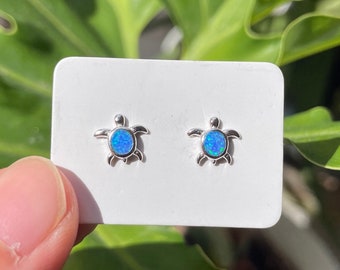 May include: A pair of silver-toned turtle stud earrings with blue opal-like centers. The earrings are displayed on a white card against a backdrop of green foliage. The turtle design is detailed and the blue centers add a pop of color.