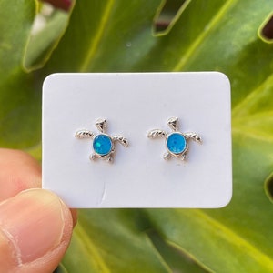 Sterling Silver Sea Turtle Stud Earrings: Blue Opal Resin, Dainty Hawaiian Jewelry