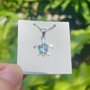 Hawaiian Green Blue Abalone Shell Turtle Necklace Pendant 925 Sterling Silver with Chain, Island Inspired Marine Life Premium Jewelry