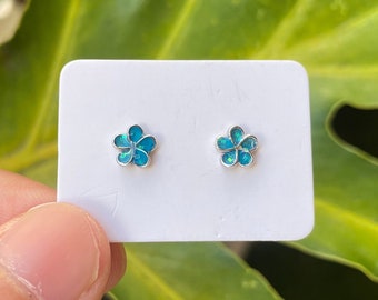 Cute Mini Blue Flower Stud Earrings, 925 Sterling Silver and Opal Resin Gemstone, Hawaiian Plumeria Dainty Earrings for Women, Gift for Her