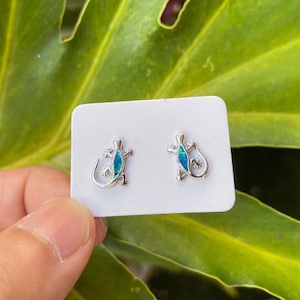 Mini Gecko Stud Earrings, 925 Sterling Silver and Blue Opal Resin Gemstone, Dainty Earrings for Women, Gift for Her