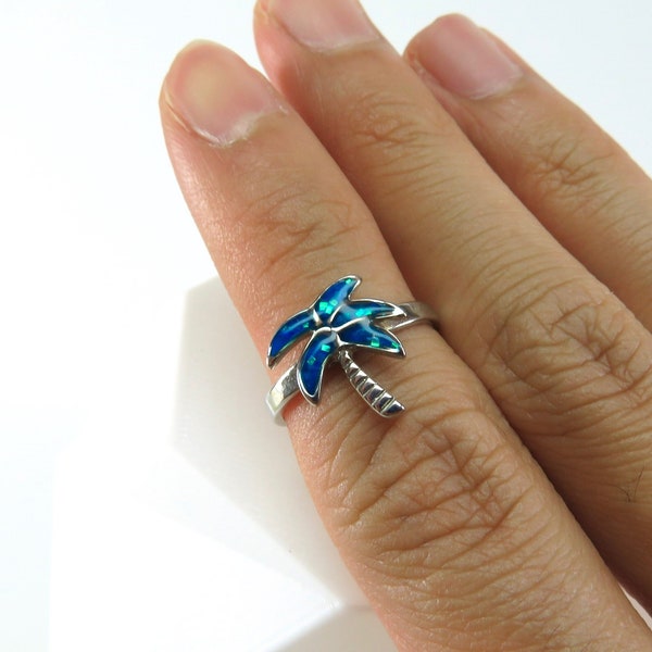 Swaying Hawaiian Blue Palm Tree Ring - Minimalist Design Midi / Knuckle Ring and Toe Ring - Silver Plated & Blue Resin Adjustable Size 3 - 7