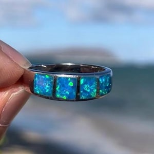 Galaxy Blue Opal 925 Sterling Silver Ring with Wraparound Ocean Opal, Birthstone Anniversary Style Ring for Women