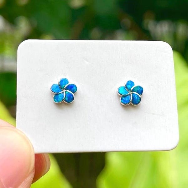 Cute Mini Blue Flower Stud Earrings, 925 Sterling Silver and Opal Inlay Gemstone, Hawaiian Plumeria Dainty Earrings for Women, Gift for Her
