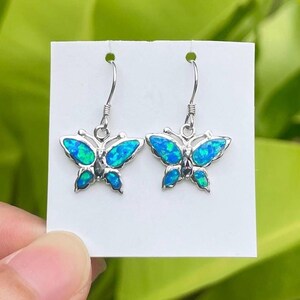 Blue Hawaiian Butterfly Dangling Earrings Ocean Blue Opal Inlay and Solid 925 Sterling Silver, Hawaiian Islands Exotic Rainforest Wildli