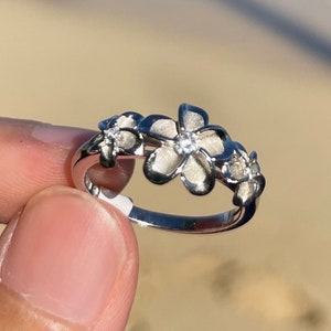Hawaiian 3 flower Plumeria Ring with CZ Crystal Center,  925 Sterling Silver Women’s Statement Ring