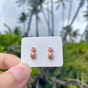 Rose Gold Mini Baby Hawaiian Pineapple Stud Earrings 6mm width 925 Sterling Silver, Island Tropical Nature Jewelry Collection, Tiny Earrings