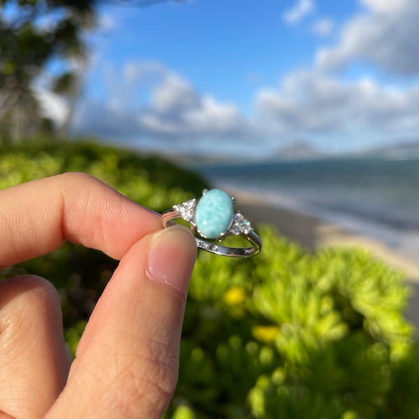 Geniune Light Blue Larimar 925 Sterling Silver Statement Ring with Triple Cubic Zirconia Crystals