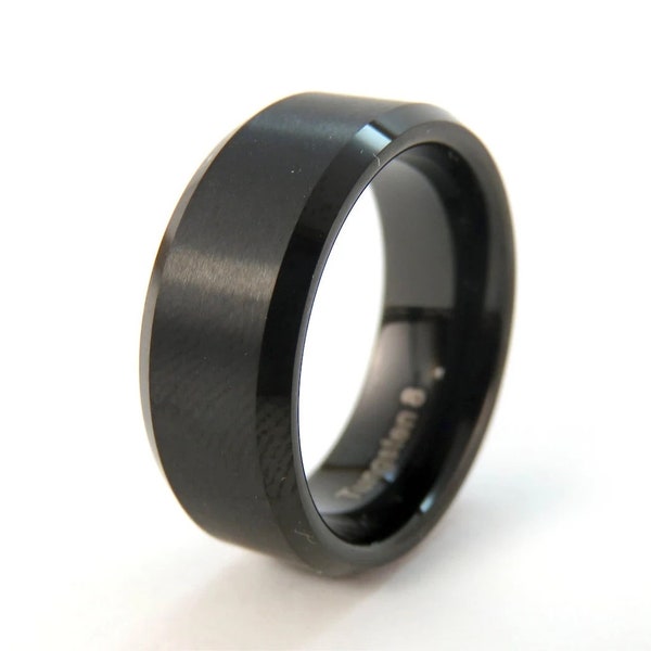 Brushed Matte Black Tungsten Carbide Men's Ring 8mm Wide - Wedding, Engagement or Casual Band Ring