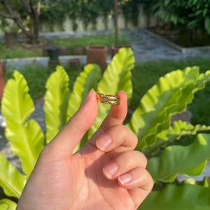 May include: A gold-colored ring with a textured design. The ring is held up in front of a background of green foliage. The ring appears to be made of metal and has a detailed pattern.