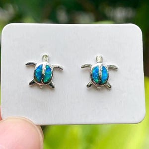 Cute Mini Sea Turtle Stud Earrings, 925 Sterling Silver and Opal Resin Gemstone, Hawaiian Honu Turtle  Womens Dainty Stud Earrings