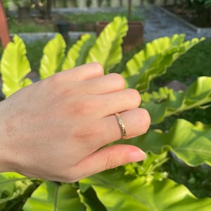 May include: A gold ring with a textured surface is worn on a finger. The ring appears to be a band style, with a repeating pattern. The background features green foliage and natural light.