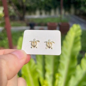 Gold Baby Hawaiian Sea Turtle Dainty Mini Stud Earrings, 14 Gold Plated Solid 925 Sterling Silver Core, Unisex jewelry