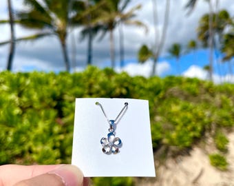 Dainty Silver Hawaiian Plumeria Flower Pendant Necklace with CZ Crystal Center, 10mm width and Matching Earrings Option