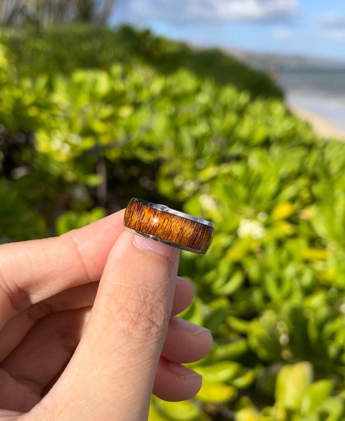 Hawaiian Koa Wood Ring Stainless Steel Tarnish Resistant Jewelry Men's Band Ring
