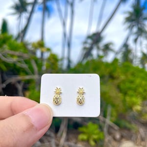 Gold Mini Baby Hawaiian Pineapple Stud Earrings 6mm width 925 Sterling Silver, Island Tropical Nature Jewelry Collection, Tiny Earrings Gift