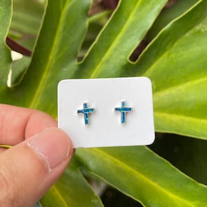 Sterling Silver Tiny Cross Stud Earrings Unisex Earrings, Blue Cross Christianity Jesus Religious Inspired Jewelry, Dainty 7mm Earrings