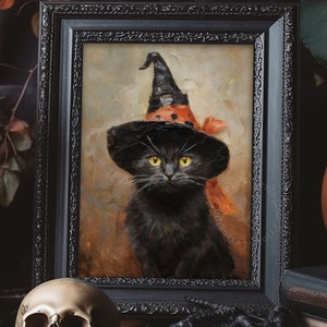 Rustic Halloween Wall Art Black Cat Witchy Decor Halloween Cat Painting Printable Vintage Halloween Decor Wicca Vintage Cat Painting Art 204