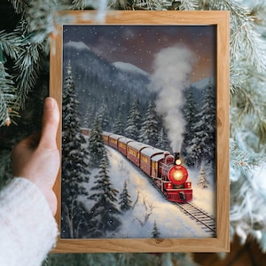 Christmas Train Art Vintage Christmas Wall Art Forest Wall Art Christmas Painting Christmas Print Winter Print Landscape Art Train Print 414