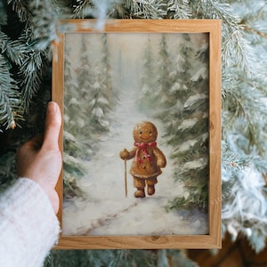 Vintage Christmas Wall Art Gingerbread Man Christmas Oil Painting Forest Wall Art Printable Art Christmas Decor Hiking Winter Print Cute 291