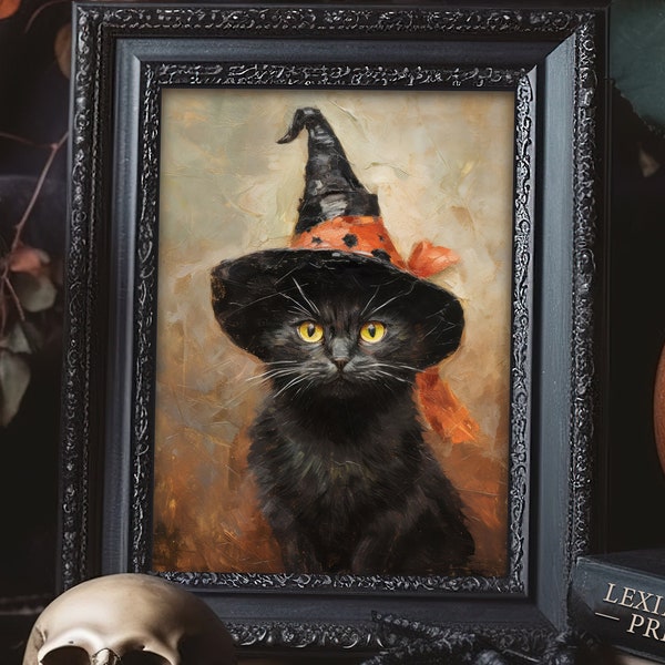 Rustic Halloween Wall Art Black Cat Witchy Decor Halloween Cat Painting Printable Vintage Halloween Decor Wicca Vintage Cat Painting Art 204