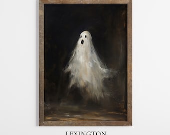 Puede incluir: Un fantasma blanco con una expresión de sorpresa flota en una habitación oscura. El fantasma está pintado en un estilo realista con bordes suaves y pinceladas sutiles. El fondo es de color marrón oscuro con toques de oro.