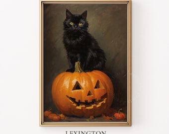 ヴィンテージの黒猫とカボチャのハロウィン絵画 | すぐにダウンロード 