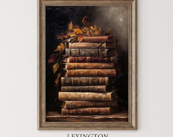 Op de afbeelding: Een stapel vintage, in leer gebonden boeken met gouden accenten, versierd met herfstbladeren. De boeken zijn gerangschikt in een stillevencompositie tegen een donkere achtergrond. De afbeelding is ingelijst met een rustiek houten frame.