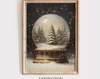 May include: A vintage-style snow globe featuring a snowy forest scene. The globe sits on a gold base against a dark background with white snowflakes.