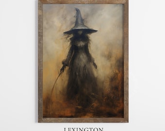 May include: A framed painting of a woman in a witch's hat and dress, standing in a field of tall grass. The background is a hazy, golden brown color.