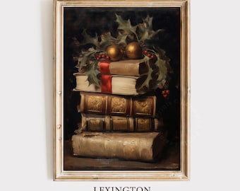 May include: A painting of a stack of antique books with a sprig of holly and red berries on top. The books are bound in leather and have gold accents. The holly is tied with a red ribbon.
